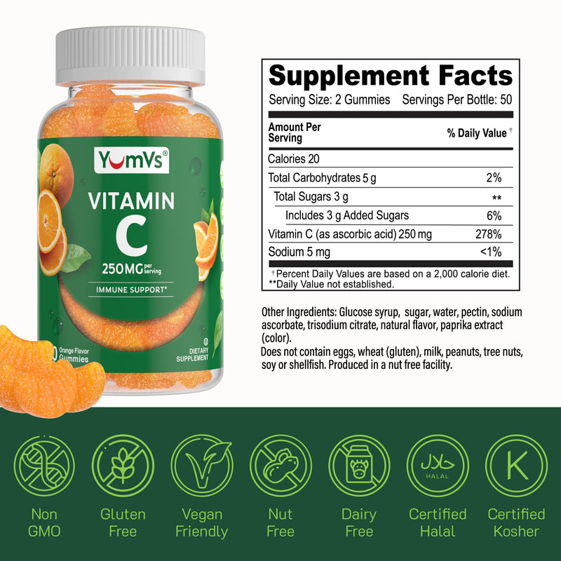 YumVs Vitamin C Gummies for Adults - 250 mg Orange Flavored Vitamin C Gummy - Vitamin C Chewable Immune Gummies for Adults - Immune Support Supplement - Kosher, Halal, Gluten Free (200 Count), 2 Pack 100 Count (Pack of 2)