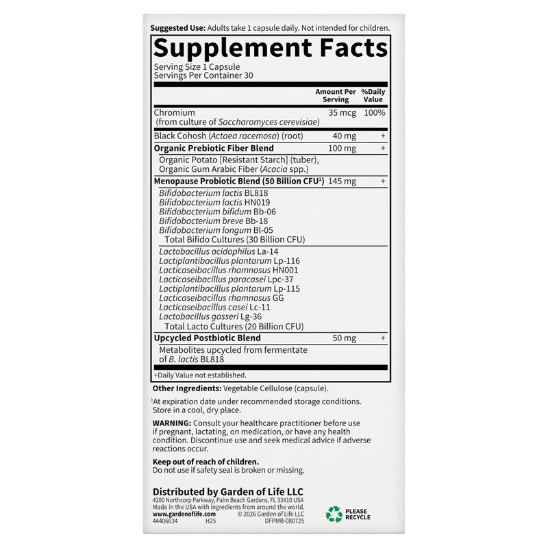 Garden of Life Dr. Formulated Menopause Probiotic, Pre & Post Biotics, 30ct | Black Cohosh, Chromium and Pre, Pro & Postbiotics, Menopause Supplements for Women, Immune Health, Non-GMO, Gluten-Free