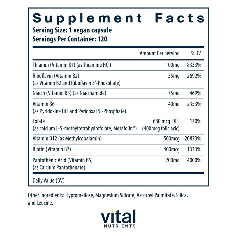 Vital Nutrients Vitamin B-Complex - Vegan High-Potency Methylated B Complex Vitamins - B Vitamins Support Energy Production, Metabolism, and Heart Health* - Gluten, Dairy, Soy Free - 120 Capsules 120 Count (Pack of 1)