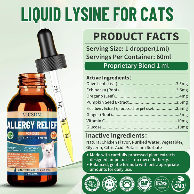 Cat Allergy Relief for Cats, Seasonal Skin Allergy Relief for Cats Itchy Skin, Paws, Eyes, Ears, Stop Licking & Scratching, Calms Dry Skin, Matted and Shedding Fur, Cat Immune Support, 60ml