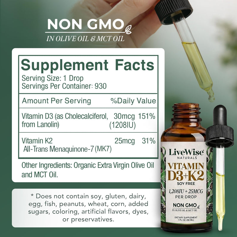 Live Wise Naturals Vitamin D3 K2 Drops for Adults, Ultra Concentrated | 930 Drops, 1208 IU Vitamin D3, 25 MCG (MK-7), Fast Absorption, Customizable Micro-Dosing Dropper for Calcium & Bone Support Adult D3+K2 1208IU No Flavor Added