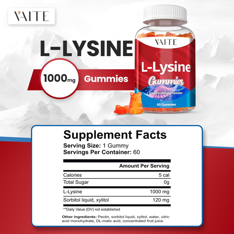 L-Lysine 1000mg Gummies - Supports Skin, Lip, Vegan, Gluten Free, Vitamins for Adults Tissue Health & Immune System, Chewables, Amino Acid Vitamin Supplement & Complex Supplements, Non-GMO 60 Count (Pack of 1) - BeesActive Australia