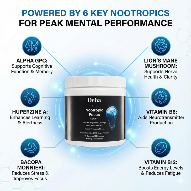 Deha Focus Gummies Nootropic Brain Supplement with Vitamin B6 Vitamin B12, Alpha GPC, Huperzine A, Bacopa Monnieri, Lions Mane Mushroom Gummies – Vegan, Non-GMO, Gluten-Free – 60 Gummies