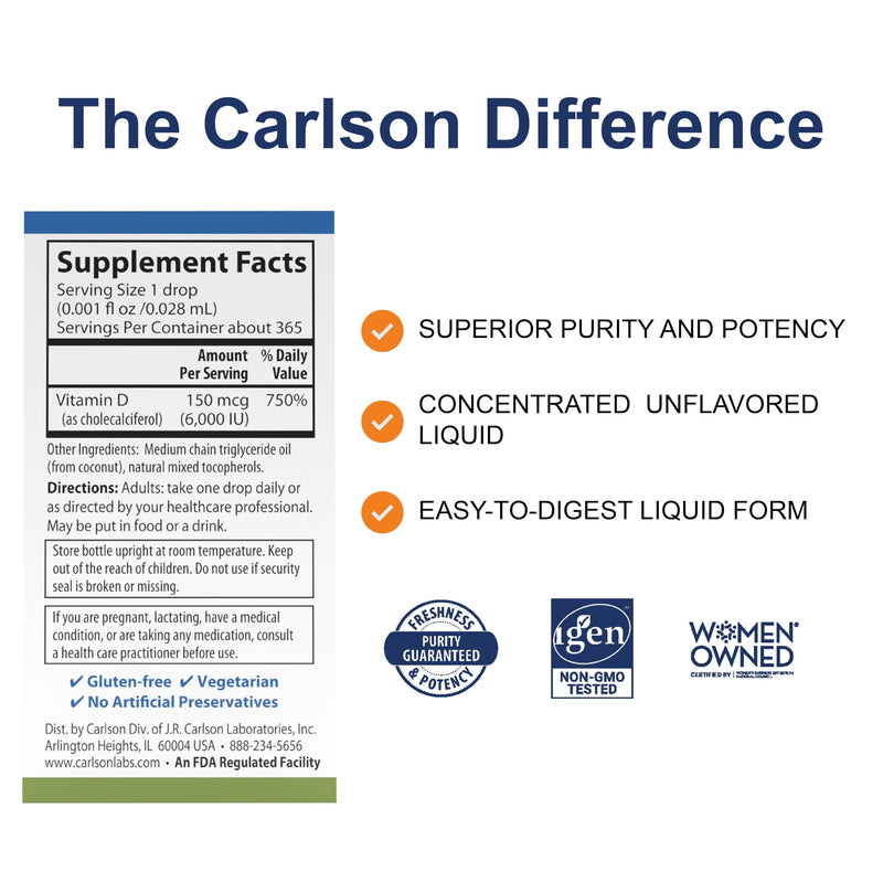 Carlson Super Daily D3, 6000 IU (150 mcg), 365 Vegetarian Drops (10.3 mL) | Unflavored; per Drop; Liquid Vitamin D3; 1-Year Supply; Non-GMO