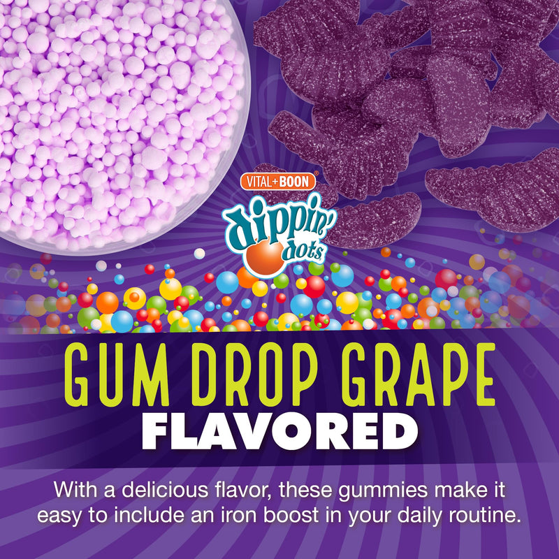 Dippin' Dots Iron Gummies for Women, with Vitamin C & B12 (60 Ct) | Gum Drop Grape iron supplement gummies with Vitamin C & B12, vital for red blood cells; vegan, gluten & gelatin free. 60 Count (Pack of 1)