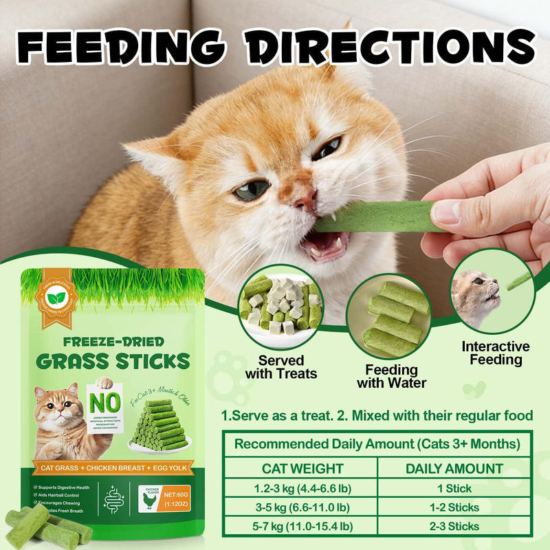 Cat Grass Treats 60g, Cat Grass Teething Stick, Freeze Dried Edible Cats Chew Toy Cats Treats Snack for Teeth Cleaning and Hairball Removal