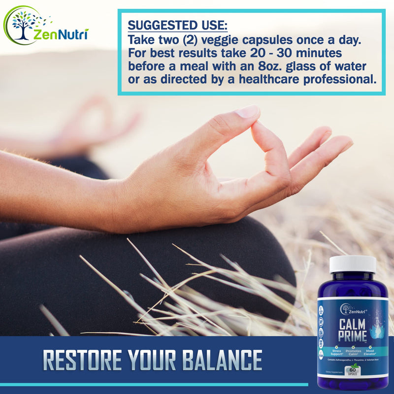Calm Prime Stress Relief Supplement Non-Drowsy | Mood Support Supplement | Mood Boost | Vegan Daytime Stress Supplements Calm Aid | Stress Vitamins - Ashwagandha, Valerian Root - 60 count - BeesActive Australia