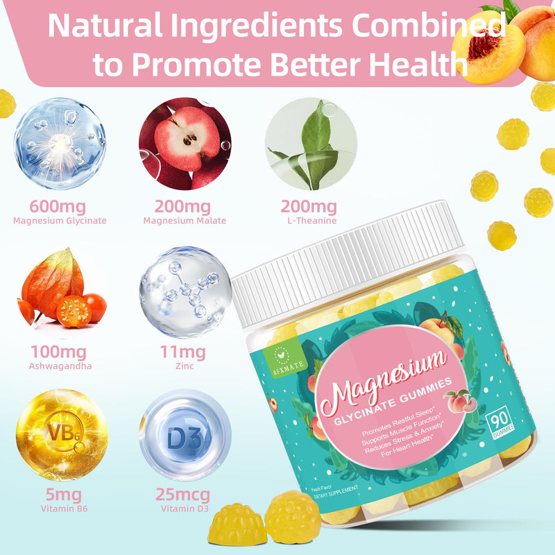 90 Ct Magnesium Glycinate Gummies for Adults Sugar Free | With Glycinate & Malate, L-Theanine, Ashwagandha, Zinc, Vitamin B6 & D3, Supports Relaxation & Sleep Peach Flavor 90 Count (Pack of 1)
