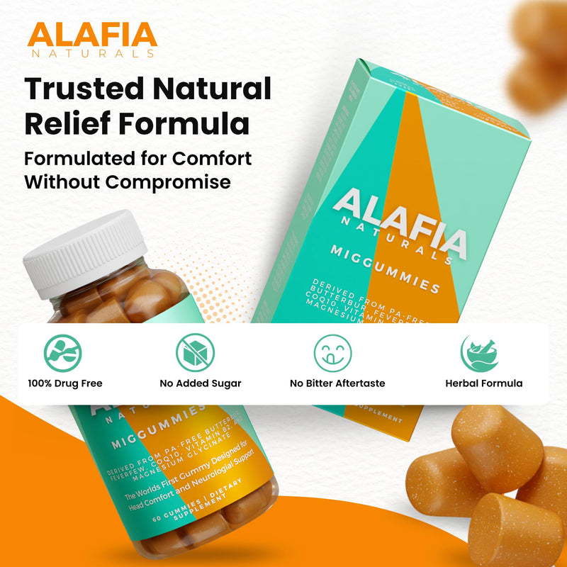 Alafia Naturals Miggummies - World's First Cranial Comfort and Support Gummy - Magnesium Glycinate, Butterbur, Feverfew, CoQ10, Vitamin B2 400mg Riboflavin 400mg 60ct