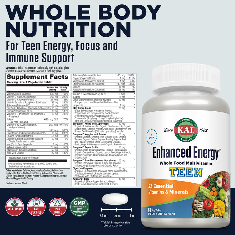 KAL Teens Enhanced Energy Supplements - Once Daily Whole Food Multivitamin w/Iron - 23 Vitamins and Minerals - Brain and Immune Support w/Super Foods - Vegetarian, 60-Day Guarantee, 60 Serv, 60 Tabs | Daily Supplement for Teens W/ 25 Essential Vitamins...
