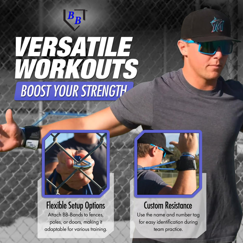 BB Bands Baseball Softball Resistance Training Bands - Arm Strength, Pitching Conditioning Equipment, 3 Strengths (Youth, Adult, Heavy), 7 Colors, Includes Anchor Strap, Door Mount, Bag, Workout Guide Black