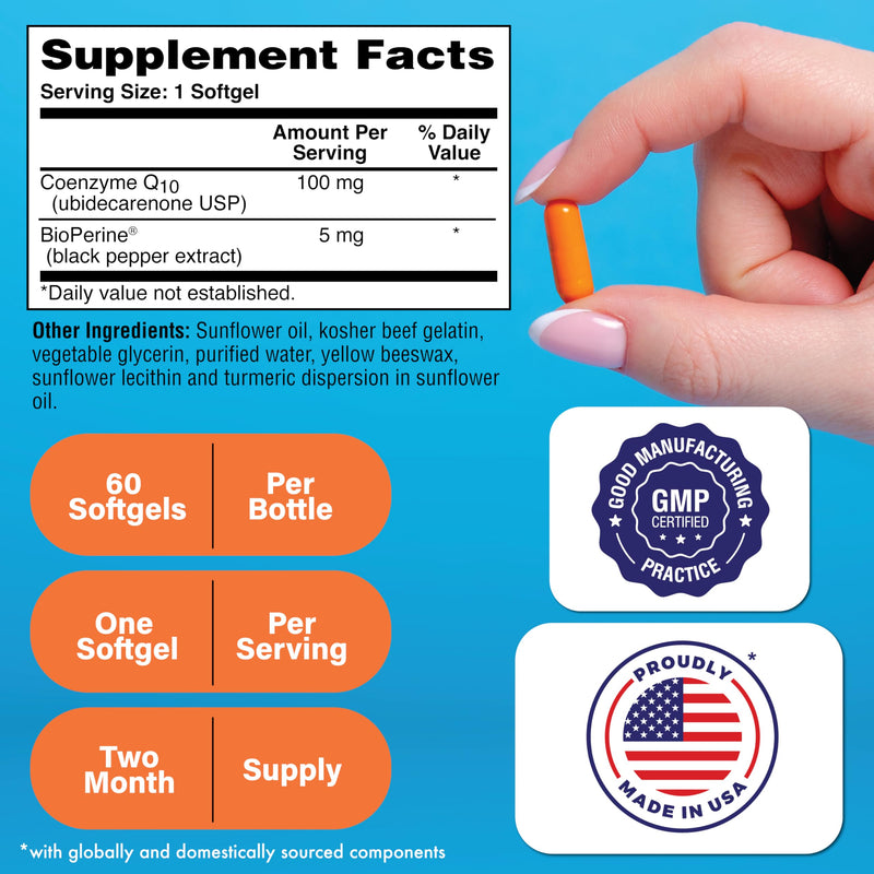 Health Thru Nutrition CoQ-10 100mg with BioPerine 60 Softgels | High Absorption Naturally Fermented USP Grade Coenzyme Q10 Supplement | 3rd Party Tested | Heart Health and Energy Support | High Absorption Naturally Fermented USP Grade Coenzyme Q10 Supp...