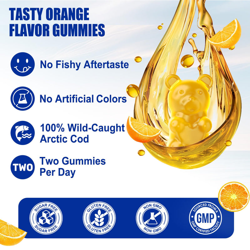Cod Liver Oil 1000mg Gummies, w/Vitamin A & D3 Omega 3 Fish Oil Supplement | Brain, Bone, Eye & Immune Health - DHA 360mg & EPA 240mg for Adults & Kids, Sugar Free, 120 Count
