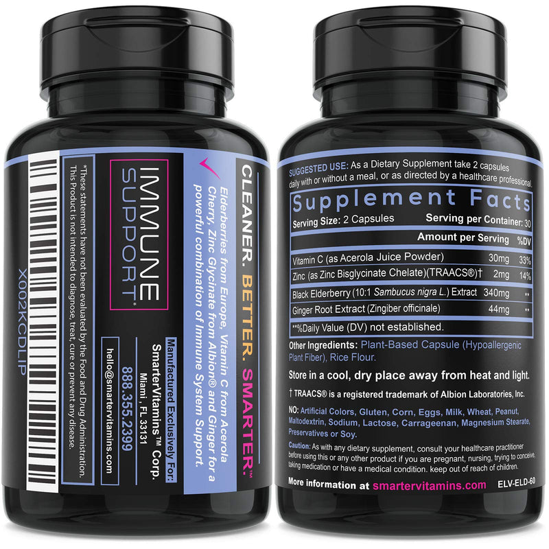 10:1 Black Elderberry Extract with Vitamin C, Zinc & Ginger, 60 Vegan Caps | Made with European black elderberries, berry-sourced vitamin C, zinc glycinate and fresh ginger; clean, plant-based formula. 1