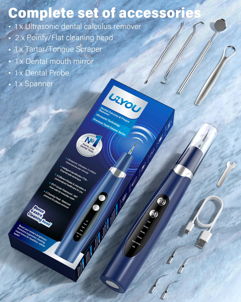 Plaque Remover for Teeth - Tartar Remover for Teeth with LED Light & 5 Modes, Rechargeable Hard Plaque Remover with 2 Replaceable Heads, Ultrasonic Teeth Cleaner Kit for Home Use Blue - BeesActive Australia