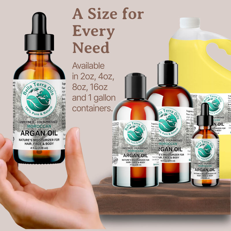 Bella Terra Oils - Argan Oil 2 oz - Cold-Pressed from Morocco, Rich in Vitamin E & Fatty Acids, Perfect Hair Oil Serum to Combat Frizz, Luxurious Face Oil 2 Fl Oz (Pack of 1)
