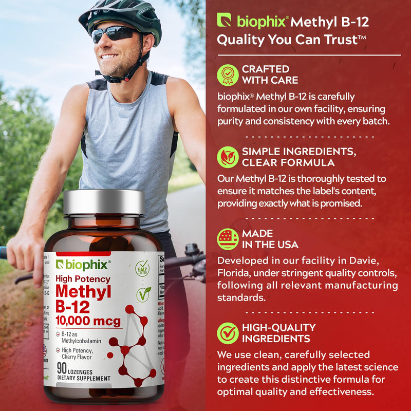 biophix Methyl B-12 10000 mcg 90 Vegan Lozenges Cherry Flavor Extra Strength - Supports Nervous System Immune Health Blood Flow Metabolism Brain Focus Energy