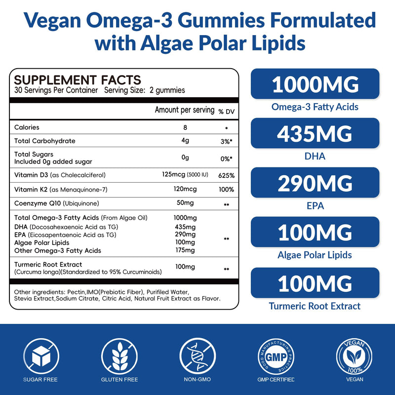 Vegan Omega 3 Gummies 1000mg - Algae Omega 3 Supplement for Women & Men with CoQ10, Vitamin D3, K2 & Turmeric - Fish Oil Alternative for Adults with DHA EPA for Brain, Eye- Sugar Free, 60 Count 60 Count (Pack of 1)