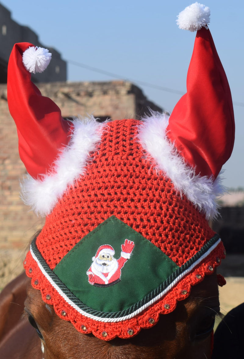 Santa Claus Christmas Horse Fly Bonnet Net Hat Hood Mask Fly Veil Full Hand Made Cotton Full (Red, Pony) Red - BeesActive Australia
