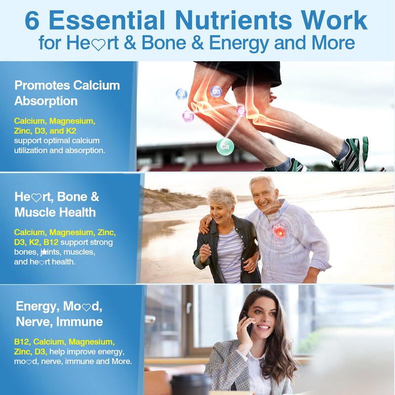 6-in-1 Liposomal Vitamin D3 K2 Calcium Supplement - Plant Based Calcium 600mg with Vegan Vitamin D3 5000 iu + Vitamin K K2 MK7 + B12, Algae Ca-lcium Magnesium Zinc for Bone, Softgels, 2 Pack 120 Count (Pack of 2)