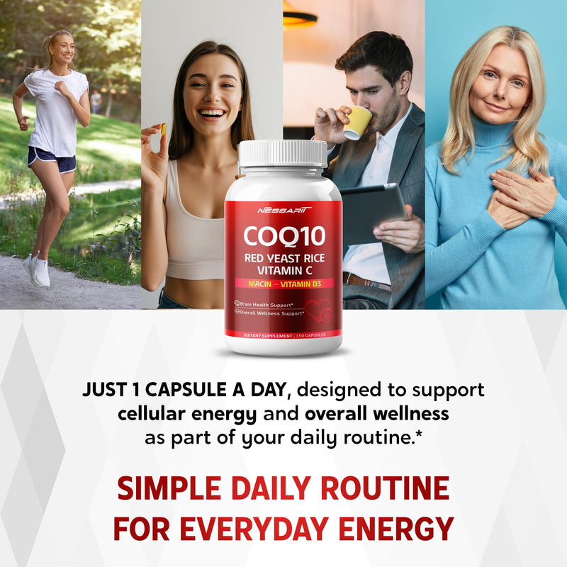 COQ10 + Red Yeast Rice Supplement - 10-in-1 Natural Blend with Omega 3 Vitamin B3, K2, D3, Zinc Milk Thistle Black Pepper - 150 Count 150 count (pack of 1)