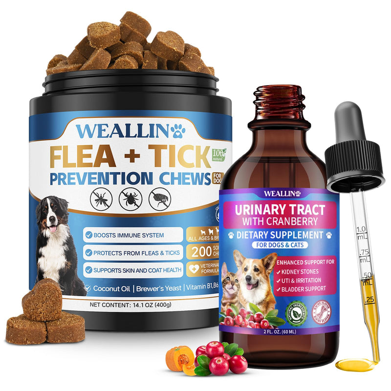 Dog Flea and Tick Prevention Soft Chews + Cat & Dog Urinary Tract Infection Treatment with Cranberry, Dual-Action Natural Wellness
