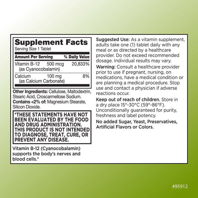 Quality Choice Vitamin B12 500 MCG, Energy, Metabolism, & Nervous System Support Supplement 100 Count Bottle of Tablets 1