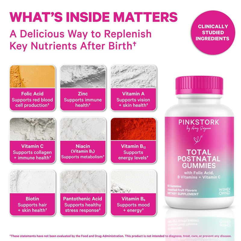 Pink Stork Total Postnatal Vitamin Gummies, 60 Count | Multivitamin for Postpartum Recovery, Lactation Support, Folic Acid, B6, Zinc, + Vitamin C, Postpartum Essentials 60 Count (Pack of 1)