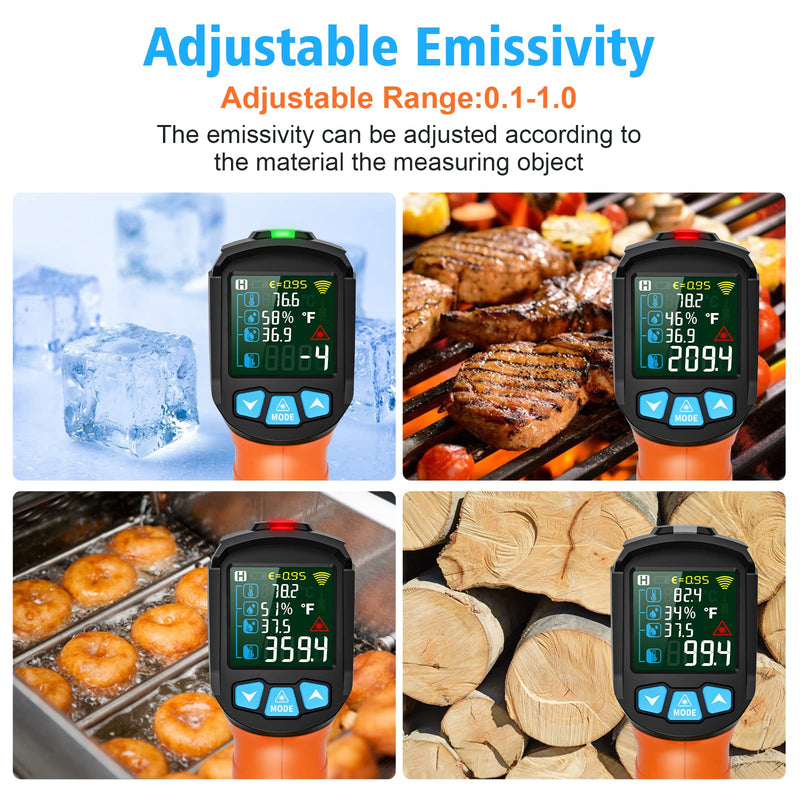 Infrared Thermometer Gun, Non Contact Digital Laser Thermometer Temperature Gun with Color LCD for Cooking, Home Repairs, Humidity Measurement, Adjustable Emissivity -58°F to 1472°F(-50~800°C) Orange -58℉~1472℉(-50℃~800℃)