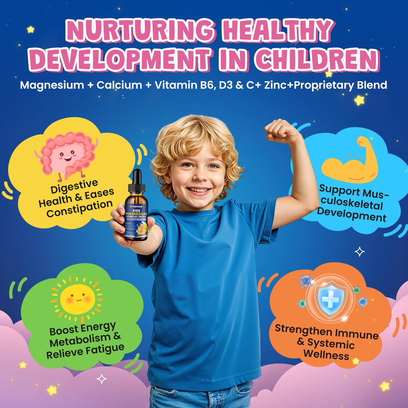 Magnesium Complex Liquid for Kids - Magnesium Glycinate, Malate, Taurate, Citrate with Calcium, Omega-3, L-theanine, Zinc,Vitamin B6 D3 C for Sleep, Relaxation, Calm & Focus, Pineapple Flavor, 2 Fl Oz 2 Fl Oz (Pack of 1)