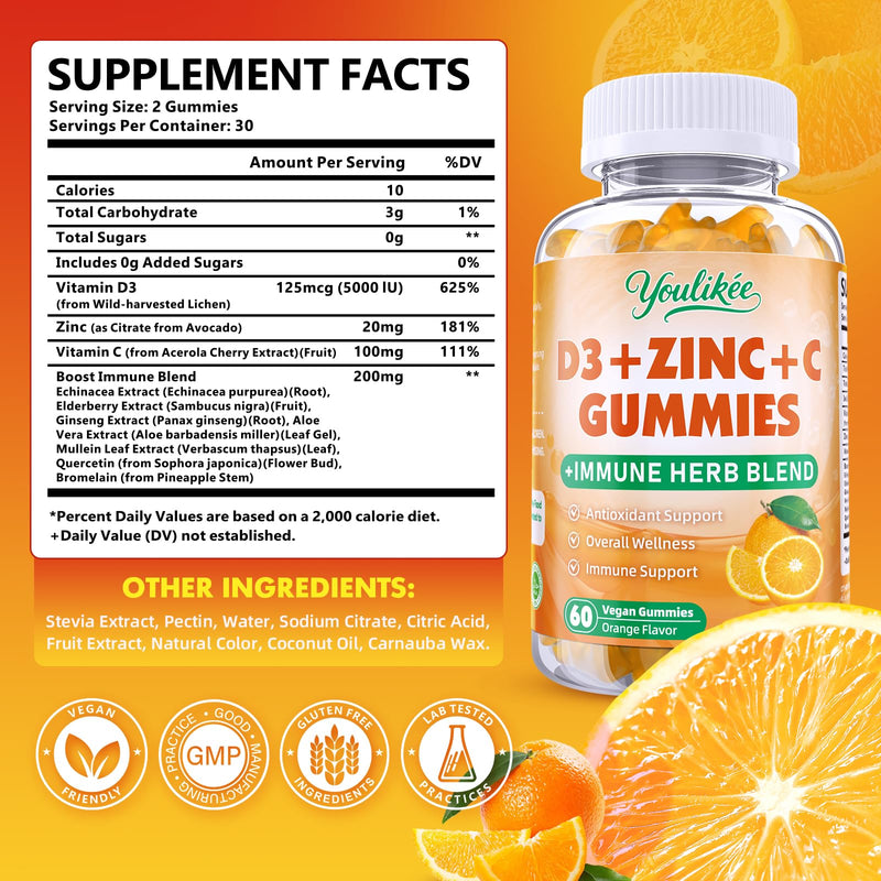 Vitamin C + D3 5000IU + Zinc Gummies for Adults, Orange Flavor, 60 Count | Immune Support supplement with Elderberry, Echinacea & Mullein Leaf - Antioxidant Support, Sugar Free 60 Count (Pack of 1)