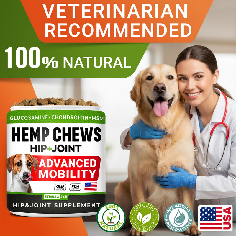 Advanced Hemp + Glucosamine Dog Joint Supplement - Hip Joint Pain Relief - Mobility Chews for Dogs - Chondroitin, MSM, Omega - Made in USA - Lamb Flavor - 120 Hemp Treats 120Ct (Lamb) (HIP&JOINT) Hemp Chews