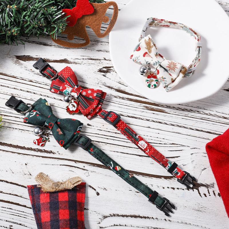 3pcs Christmas Cat Collar with Bells, Cute Holiday Kitten Collar Adjustable Breakaway Dog Collars Santa Claus Christmas Stocking Wreath Christmas Bow Tie Cat Collar for Pets Supplies - BeesActive Australia