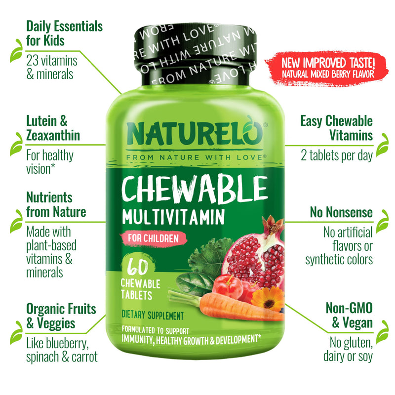 NATURELO Kids Vitamins Multivitamin, Whole Food Organic Fruit Blend, 60 ct | Chewable Vitamin for Kids 60 Count (Pack of 1)