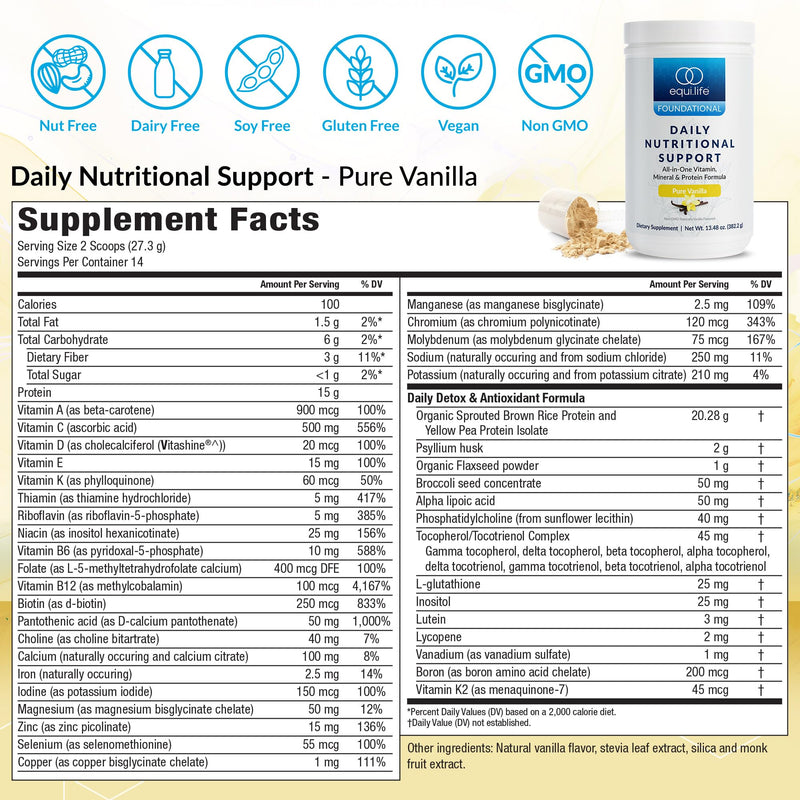Equilife Daily Nutritional Support Multivitamin, Vanilla, 14 Servings | All-in-One Vitamin, Mineral & Protein Powder | 15G Plant Protein | Supports Energy, Digestion & Detoxification | Gluten Free Pure Vanilla - Bottle 13.48 Ounce (Pack of 1)