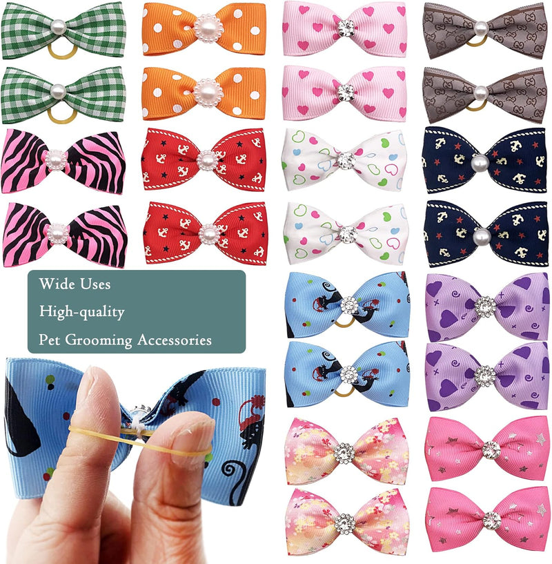 PET SHOW 20Pairs 2" 3" 4" Big Dog Hair Bows with Rubber Band for Small Medium Large Dogs Rhinestone Floral Bowknot Topknot Cats Rabbits Girl Boy Pink Blue Grooming Hair Accessories - BeesActive Australia