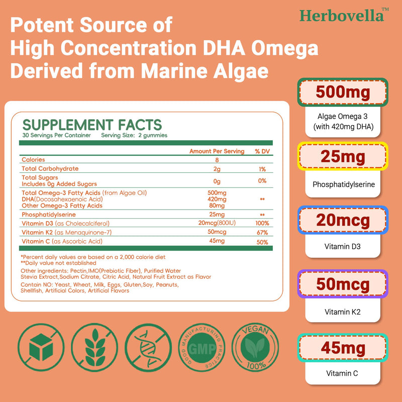 Algae Omega 3 Gummies for Kids - 500mg with DHA, Phosphatidylserine, Vitamin D3 & K2 - Sugar Free DHA Supplement for Brain& Eye - Fish Oil Alternative - Vegan, 60 Count 60 Count (Pack of 1)