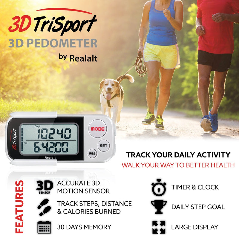 Realalt 3DTriSport 3D Walking Pedometer with Clip & Strap, Accurate Step Counter with 30-Day Memory, Distance in Miles/KM with Large Display Perfect for Seniors & Beginners, eBook Included One Size White