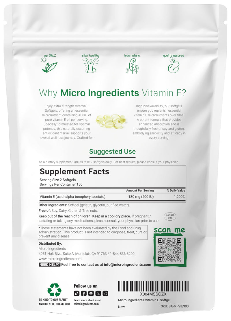 Micro Ingredients Vitamin E 400IU, 300 Softgels | Pure Vitamin E Oil Pills | Antioxidant Supplements for Skin, Face, Heart, & Immune Health | Non-GMO, Gluten Free