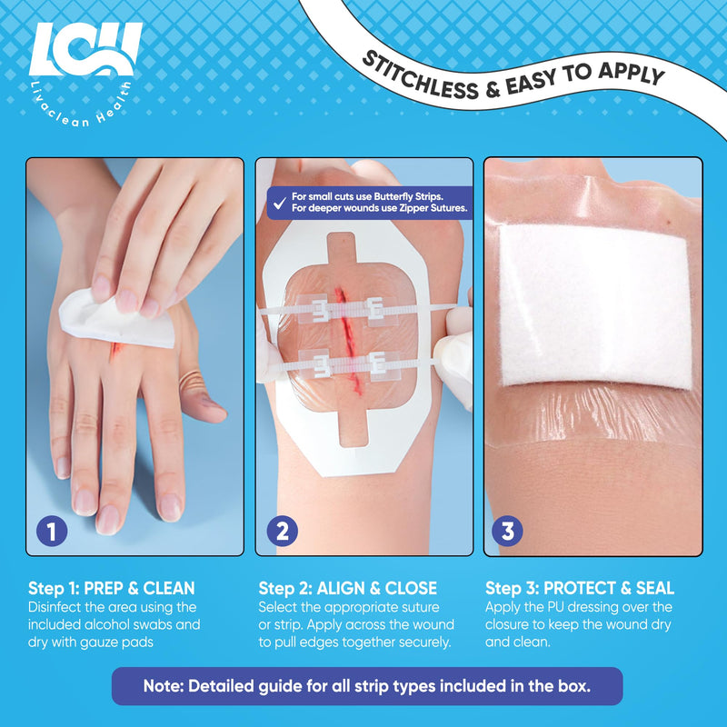 43 Pcs Wound Closure Strips Kit - Butterfly Bandages, 4 Types - Zip Suture Bandages, Gauze Pads, PU Dressings, Alcohol & Cotton Swabs - Emergency Wound Closure Kit for Cuts, Lacerations & Abrasions