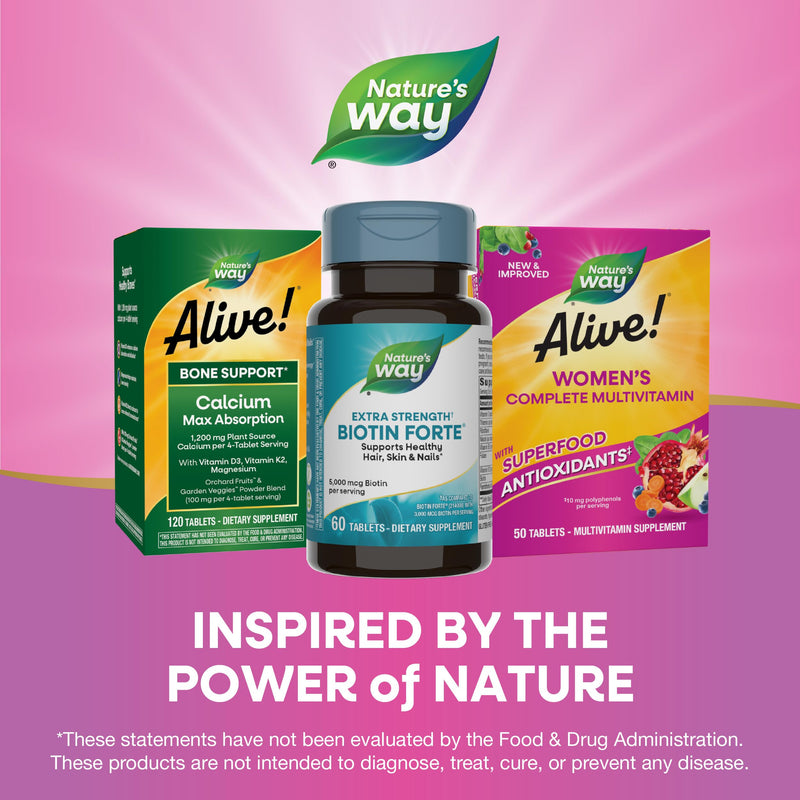 Nature's Way Extra Strength Biotin Forte, 5,000 mcg per Serving, 60 ct | Supports Healthy Hair, Skin & Nails*, High Potency B-Vitamins, Vitamin C, Vegan, Gluten-Free, No Artificial Colors