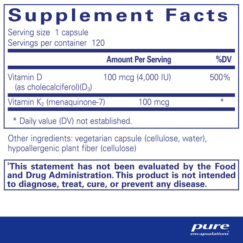 Pure Encapsulations Vitamin D3 & K2 | Bone and Vascular Health Support | 120 Capsules* 120 Count (Pack of 1) - BeesActive Australia