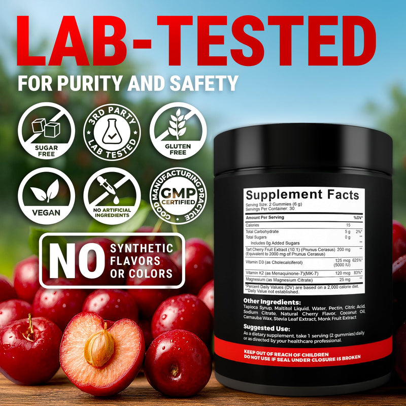 Recovery Tart Cherry Gummies with Vitamin D3 K2 5000 IU & Magnesium | Vitamin D3 K2 Gummies for Sleep, Bone & Immune Support | Non-GMO, Gluten-Free, Sugar-Free