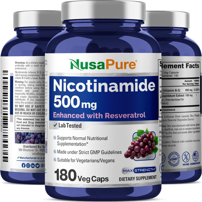 Nicotinamide & Vitamin B-3, Non-GMO, Vegan, 500mg, 180 Caps - 180 Servings | Niacin & Trans Resveratrol, Dietary Supplement Formula, Suitable for Adults, Manufactured in a cGMP Registered Facility USA