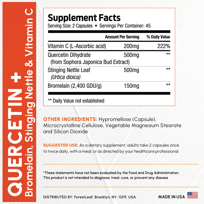 ForestLeaf Quercetin with Bromelain - 1350mg Blend with Vitamin C & Stinging Nettle, Advanced Quercetin 500mg Supplement, Non-GMO Gluten Free, Natural Immune & Respiratory Function 180 Veggie Capsules 90 Count (Pack of 2)