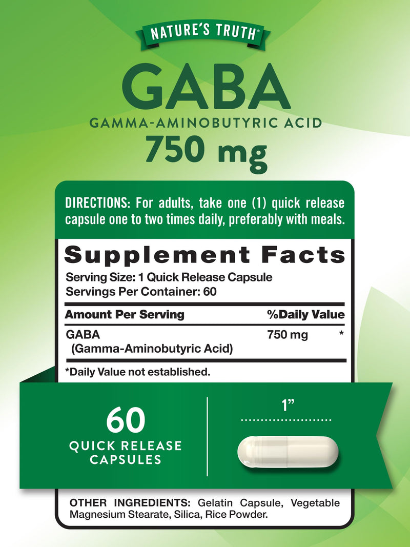 Nature's Truth GABA 750mg Capsules | 60 Count | Gamma Aminobutyric Acid Supplement | Non-GMO & Gluten Free Supplement