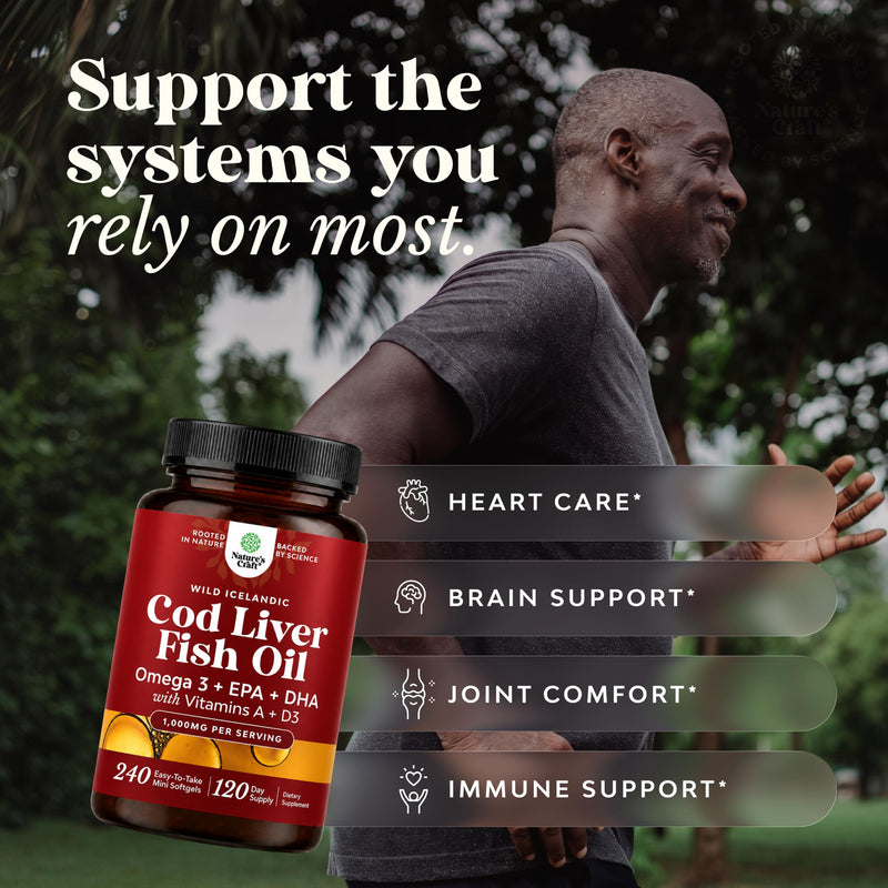 Cod Liver Oil Capsules, Omega 3 Fish Oil, 120-Day Supply, 240 Mini Softgels | 1,000 mg per 2-softgel serving with 240 mg total omega-3s, EPA & DHA, vitamins A & D3, from wild-caught Icelandic cod 240 count (Pack of 1)