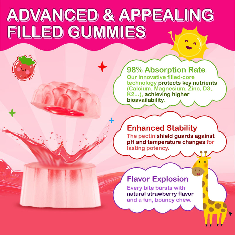 Kids Calcium Gummies with D3 & Magnesium for 4+: Sugar Free Calcium Citrate with Vitamin D3, K2, Zinc, Probiotics & Prebiotics for Kids - Gluten Free, Non-GMO,Vegan, Natural Strawberry Flavor 60 Count (Pack of 2)