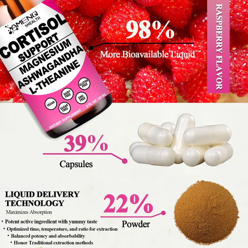 Cortisol Supplements for Women & Men, Reducer Manager Support Liquid Drops | 17-in-1 Cortisol Detox Support w. Ashwagandha, Magnesium & L-Theanine for Calm, Stress, Mood, Sleep & Focus, Vegan Non-GMO Raspberry 4 Fl/Oz (Pack of 2)