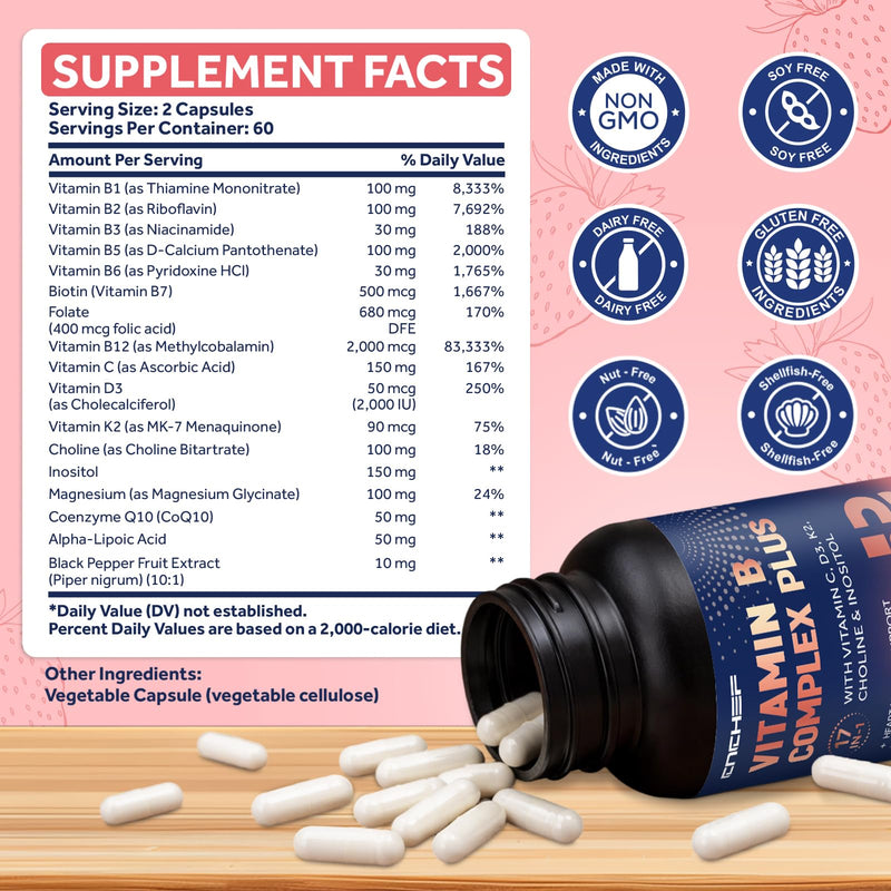 17-in-1 Vitamin B Complex Plus for Men & Women,Nerve Support - 120 Capsules